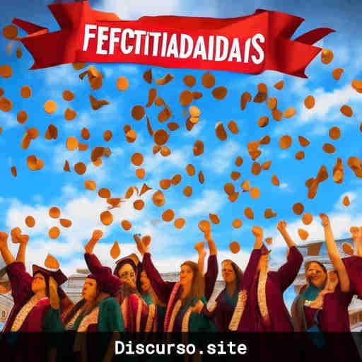 Graduados celebrando con birretes al aire y banner.