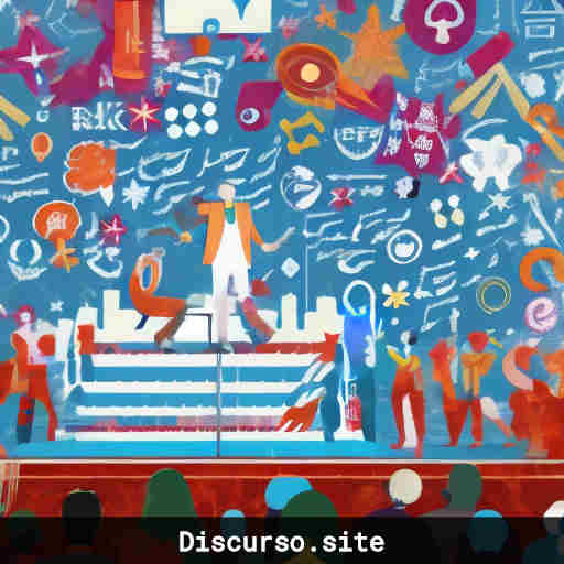 Persona hablando en un escenario con símbolos educativos