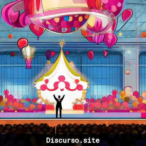 Persona hablando en evento decorado con globos y flores