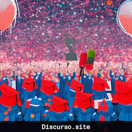 Graduación con micrófono, estudiantes felices y confeti