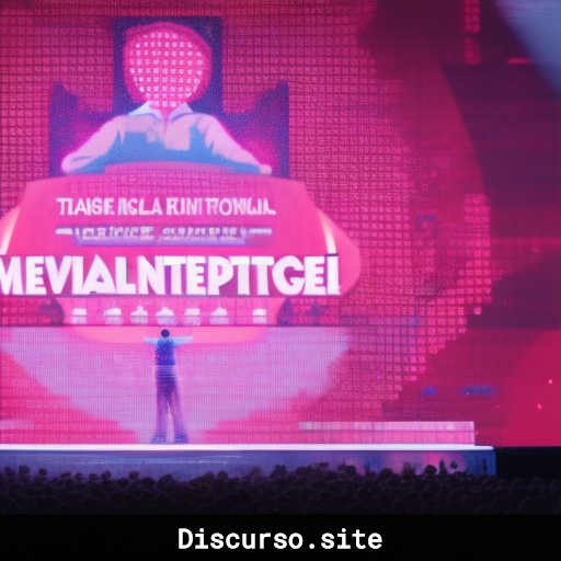 Persona hablando en un escenario con luces y pantalla.